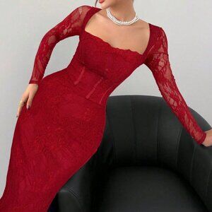 Burgundy Casual Women's Date Night Lace Long Sleeve Square Neck Bodycon Dress